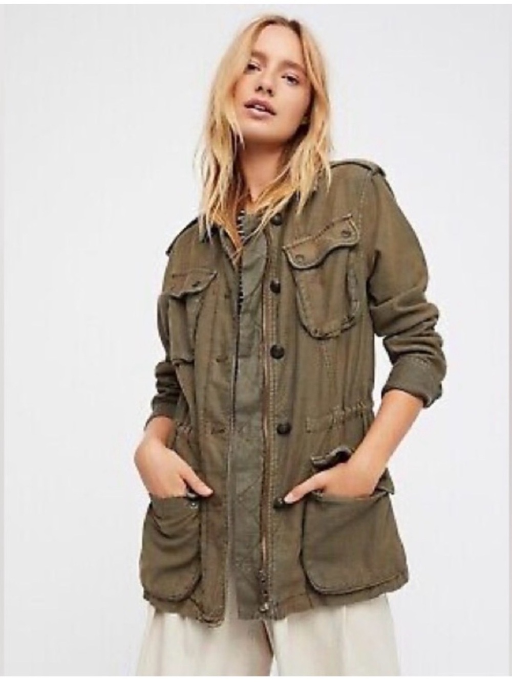Free People Olive Green Utility Jacket with Front Pockets